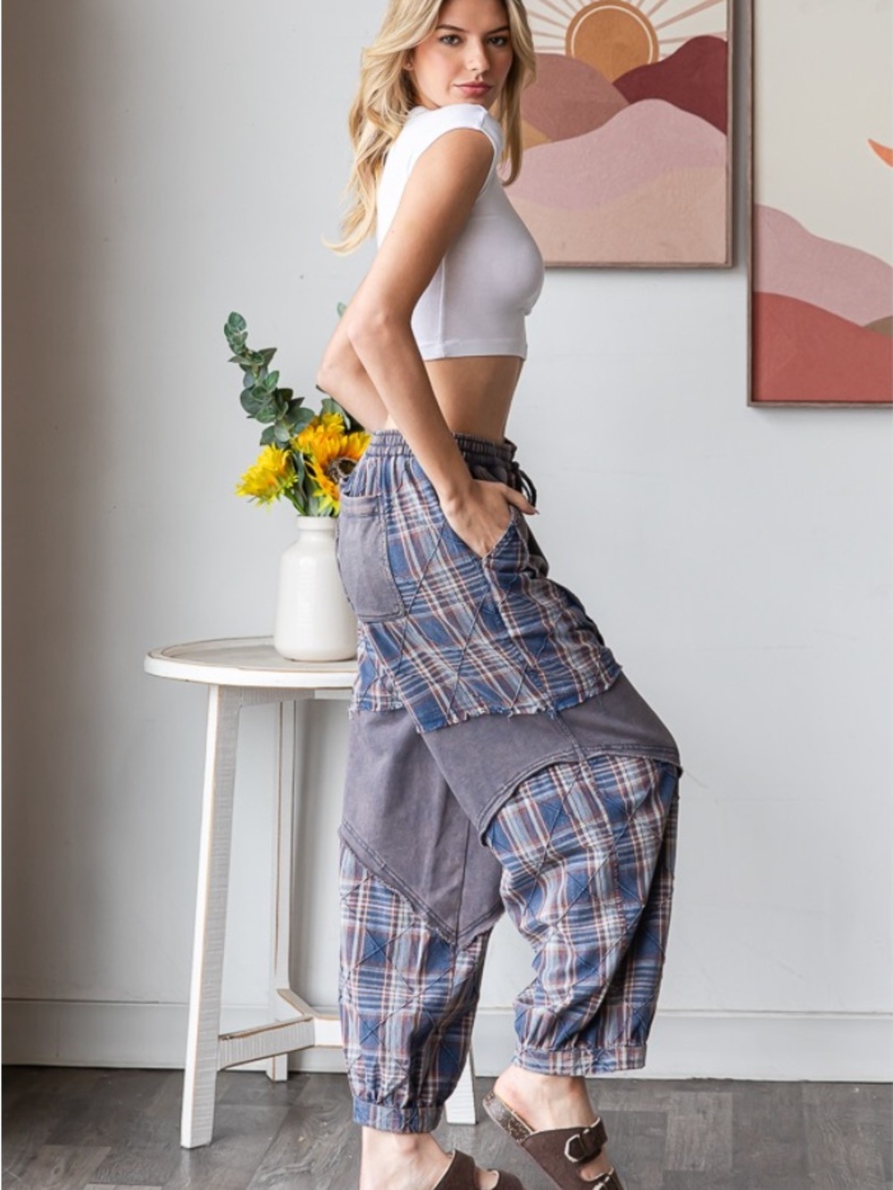 New Oli & Hali Navy Washed Plaid Cabin Kind Terry Patchwork Pants | Large - Picture 2 of 16